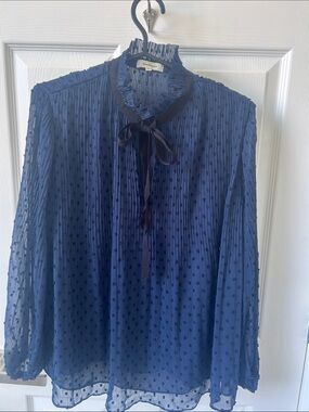 Max Studio Navy Dot Pleated Tie-Neck Chiffon Blouse